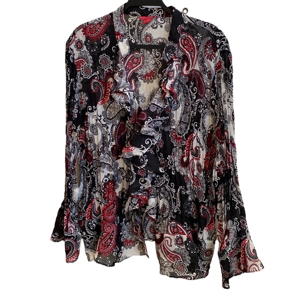 🖤♥️🤍 Sunny Leigh Macy’s Lightweight Crinkly Ruffles Buttons Feminine Romantic - Picture 1 of 13